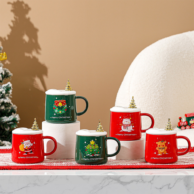 Taza de Navidad con Tapa y Cuchara, Taza de Cerámica para Café y Agua, Regalo Estudiantil Navideño
