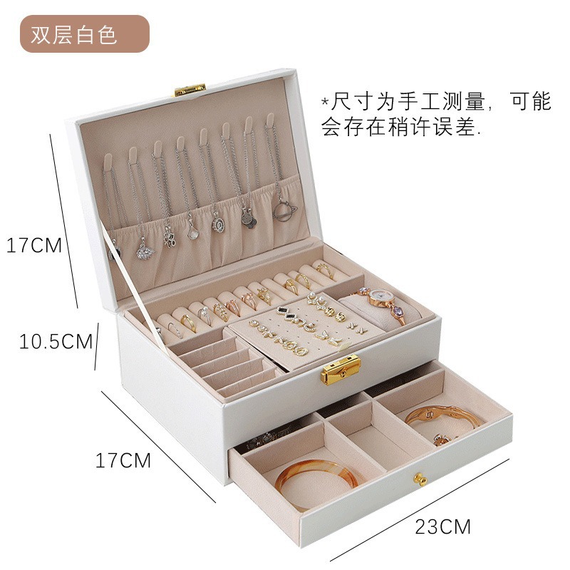 Cajón de doble capa caja de joyería de cuero de gama alta pendientes de joyería con cerradura caja de almacenamiento de joyería