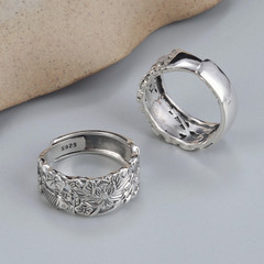 蓮花蓮蓬小魚戒指女國潮復古銀色亮光錦鯉荷葉食指開口設計指環