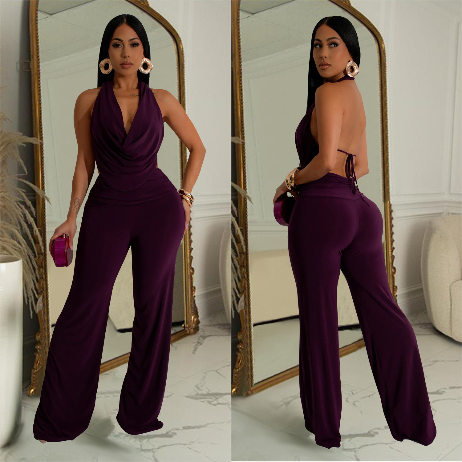 C7085 Aliexpress transfronterizo Amazon estación independiente de moda europea y americana ropa de mujer sin mangas pantalones en V profundos dos pantalones largos image 4