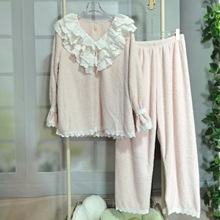 高级感睡衣女秋冬季加厚双面半边绒V领甜美宫廷公主风家居服套装