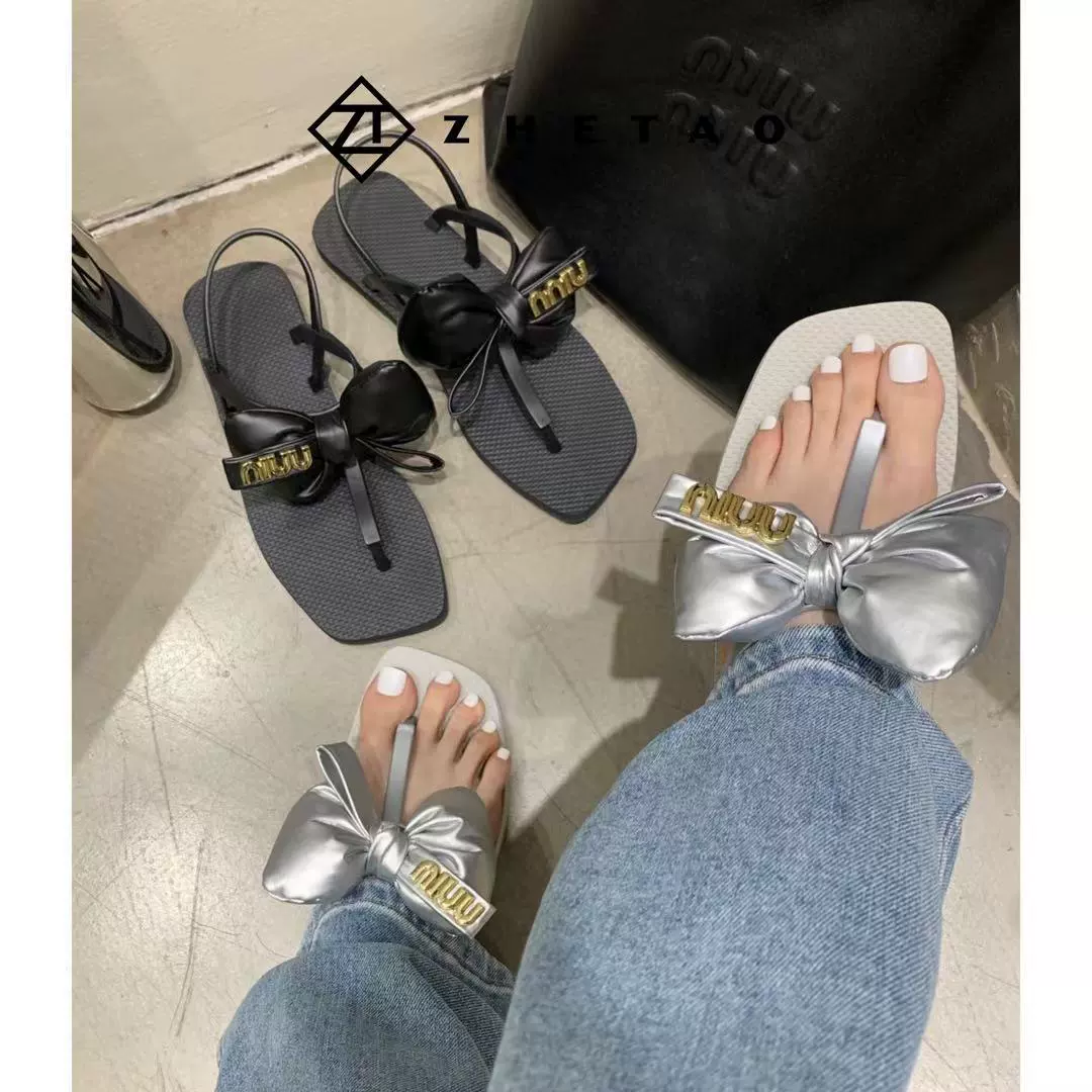 Zhetao2024 весна-лето новые сандалии с бантом модные плоские пляжные шлепанцы с милым бантом