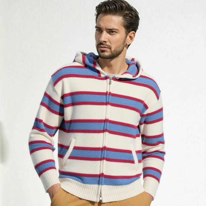 Gestreifter Kapuzenpullover für Herren – Übergroßer Strickpullover (Verdicktes Fleecefutter, überschnittene Schultern, gerippter Saum, maschinenwaschbar, Streetwear-Essential)_voghion.com