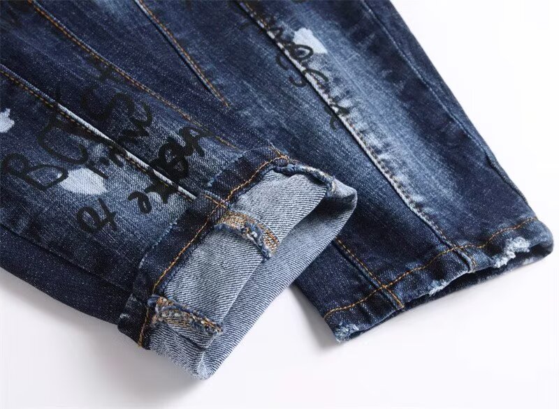 Retro Inspired Ripped & Patched Men's Jeans Stylish Embroidery Tapered Sole mid Waist Cotton Long Black/Gray/Blue Non-Stretch_mkmklike.com