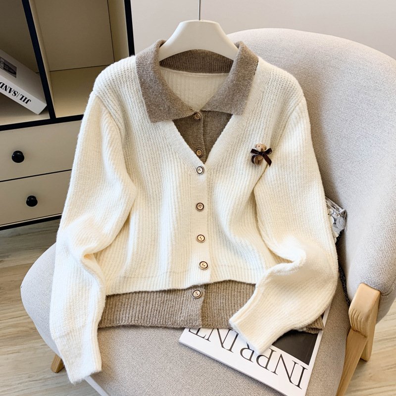 Elegant Notch Lapel Knit Cardigan For Women - Winter Staple With Fake Two-Piece Design, 3D Effect, Long Sleeve (Gray/Black/Red/Khaki/Beige)​_ecoleips.com