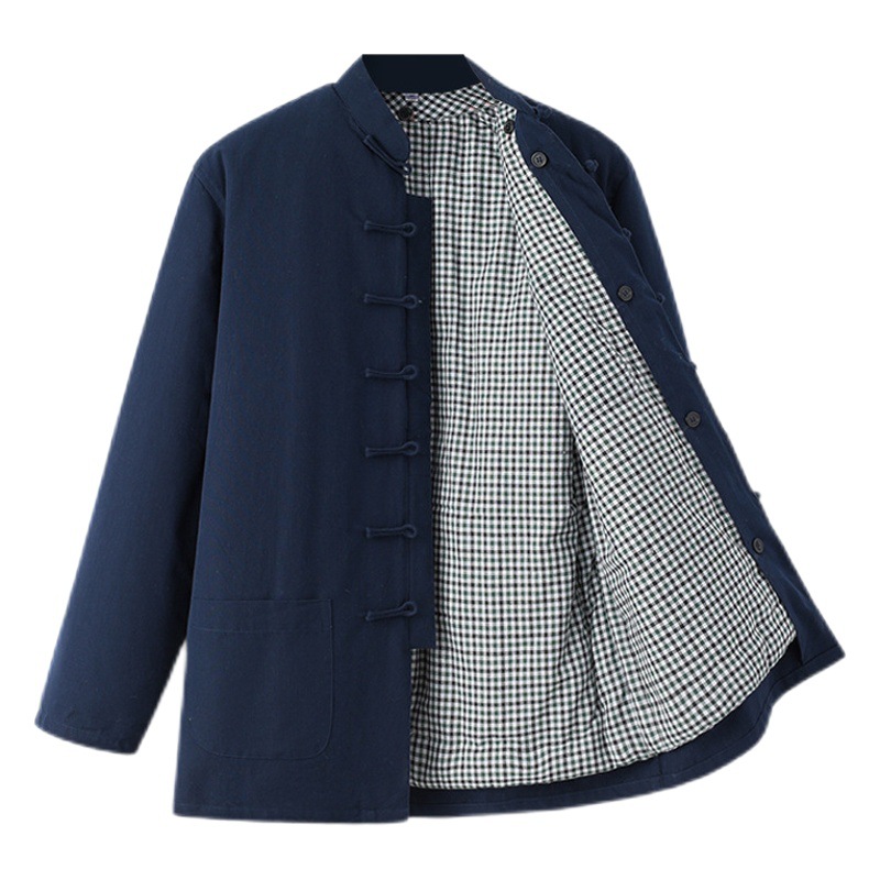 Invierno de mediana edad y ancianos engrosado cálido viejo algodón grueso chaqueta acolchada de algodón traje espiga hebilla hecha a mano de los hombres desmontable abrigo chino de algodón acolchado