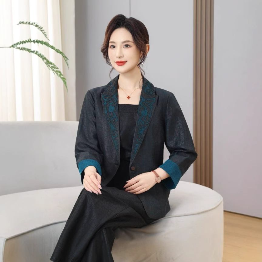 Xiangyunsha Damenblazer mit Crackle-Muster, neues Modell 2025, aus bestickter Maulbeerseide, modisch und dünn, schwarz_voghion.com
