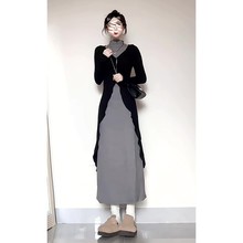 2025新款灰色针织内搭连衣裙子早秋季新中式女装修身包臀长裙套装