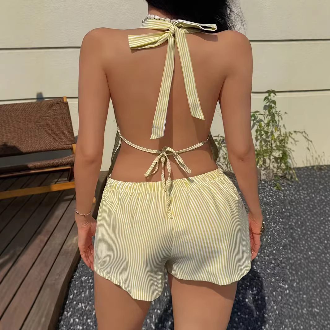 Fashion Women's Backless Deep V Neck Striped Camisole Top With Tie Waist Casual Loose Shorts Set_ecoleips.com