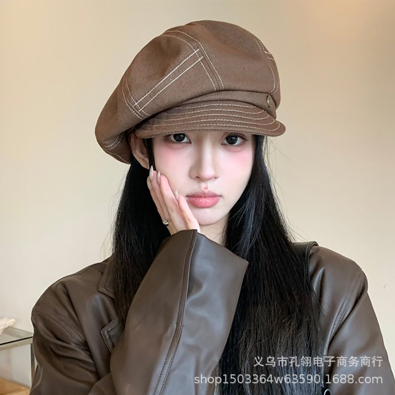 英伦复古牛仔贝雷帽女春秋新款日系复古显脸小画家帽大头围八角帽|undefined