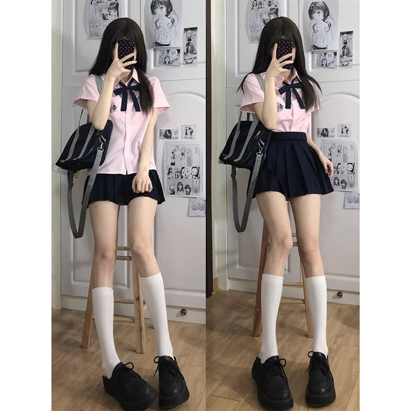 Pink jk shirt short-sleeved shirt summer women's shoulder slimming small shirt Japanese college style uniform suit Pink jk shirt short-sleeved shirt summer women's shoulder slimming small shirt Japanese college style uniform suit