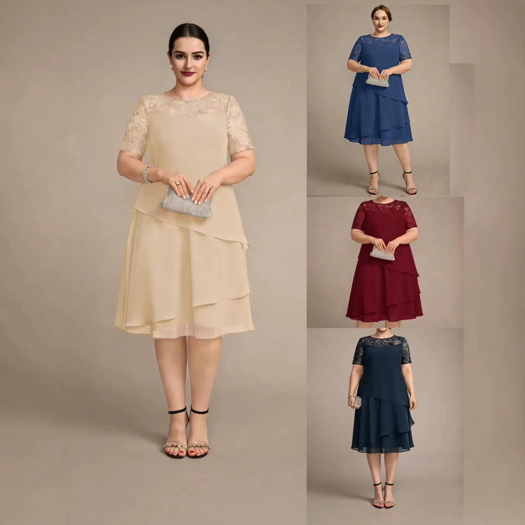 European and American Cross-Border 2026 New Plus-Size Women's Chiffon Short-Sleeve Hollow Lace Patchwork Slimming Versatile Commuter Dress