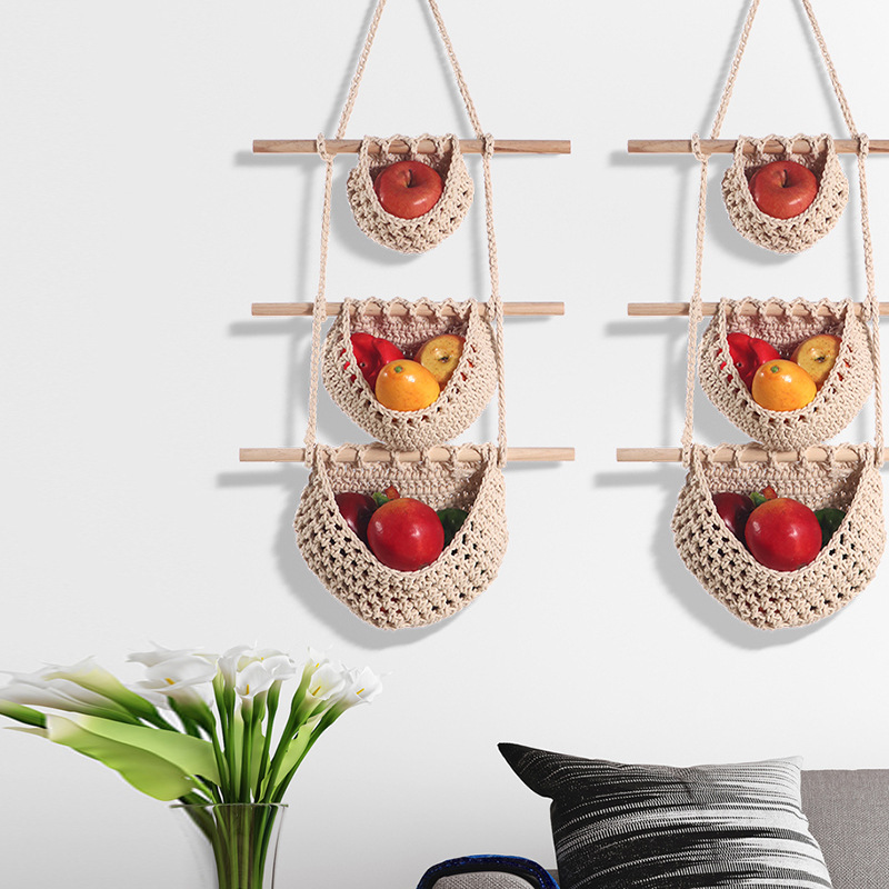 Cross-border home kitchen three-layer wall-mounted fruit hanging basket Bohemian decorative woven fruit and vegetable net bag