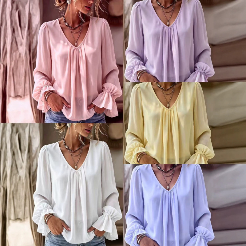 2026 European and American cross-border commuter versatile V-neck pleated elegant loose solid color long-sleeve women's shirt, direct from the factory