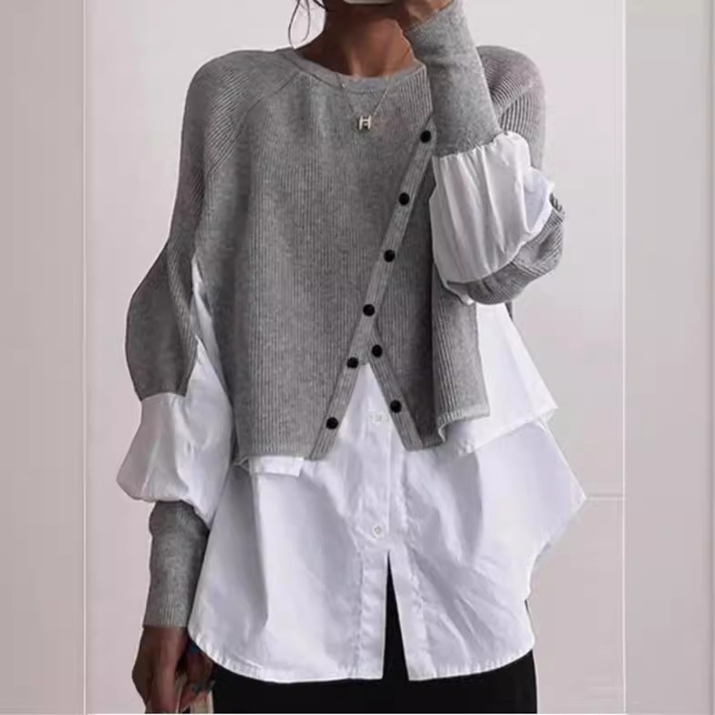 Foreign Trade European Station Autumn and Winter Pullover Sweater Women's Patchwork Shirt Fake Two-Piece Fashion Knitwear Outerwear Women's Clothing