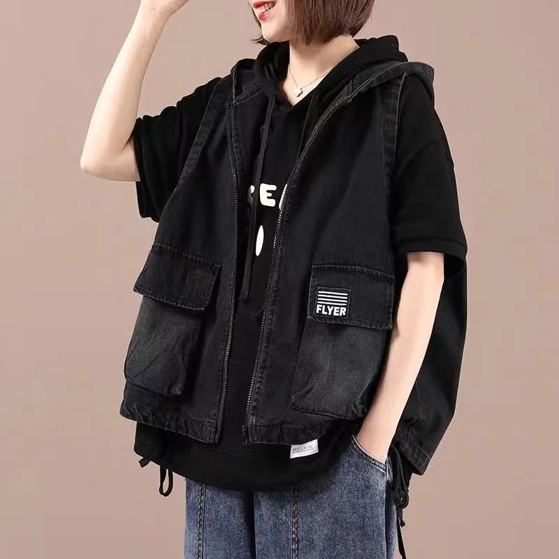 Plus Size Hooded Denim Vest Women's Hooded Spring and Autumn New Korean Style Loose Artistic Casual Zipper Jacket