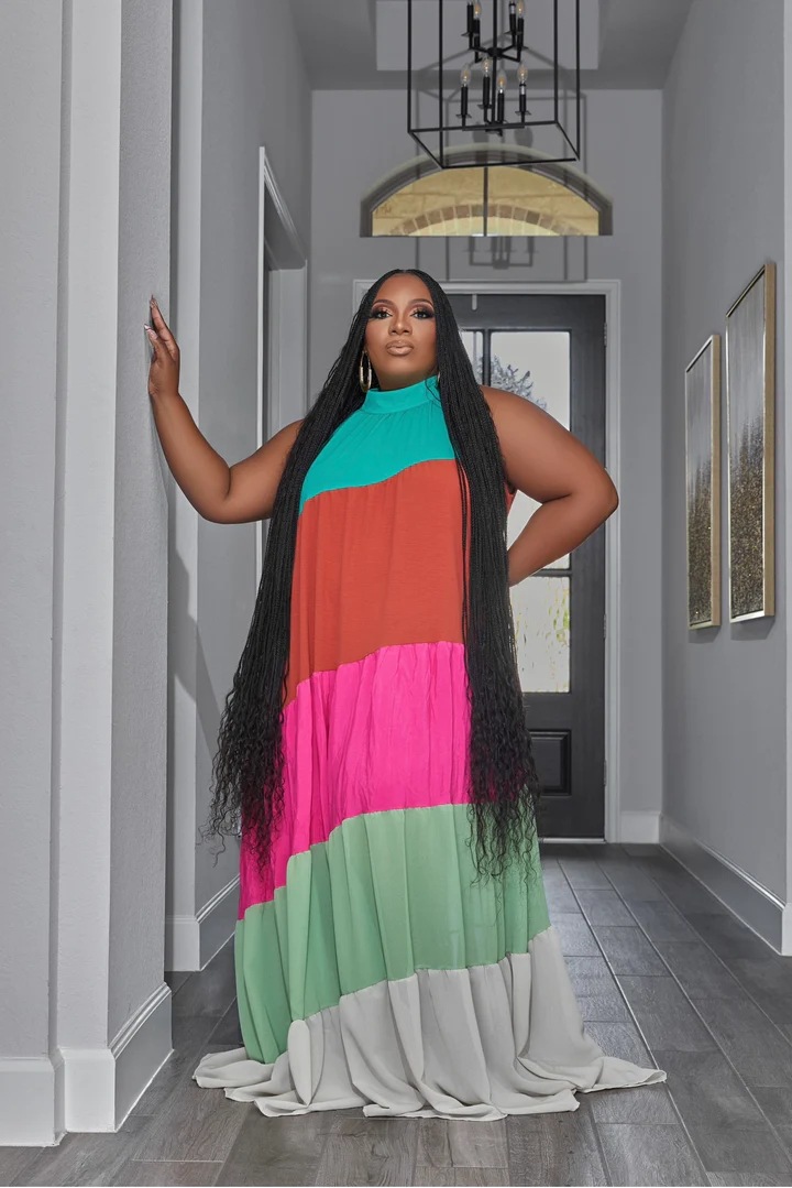 Women's plus-size splicing color contrast long swing dress_voghion.com