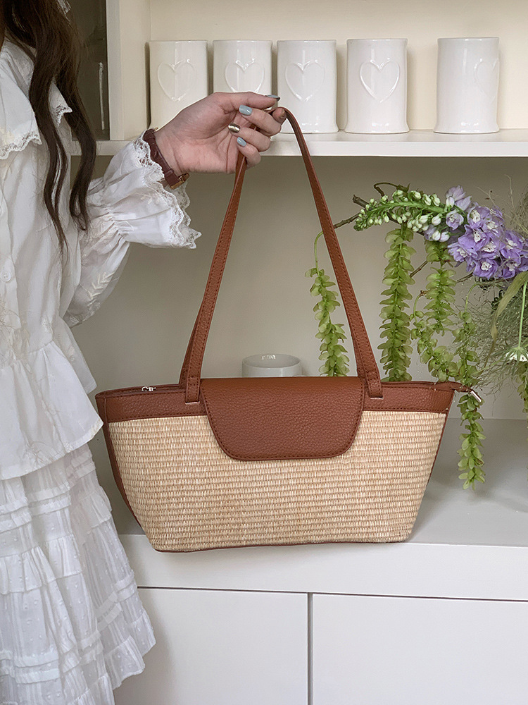 Storage Basket Bag, Rattan Handbag, Woven Shoulder Bag, Handmade Natural Rattan & Seagrass, Leather Trim, Eco-Friendly, Lightweight, Durable For Daily_voghion.com