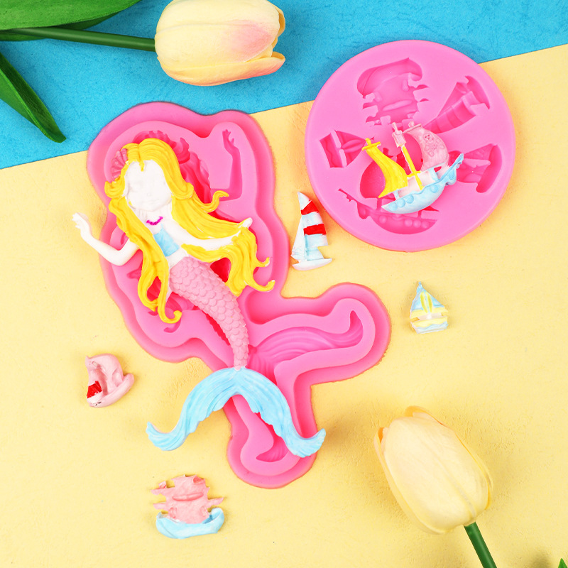 Cola de sirena Barco Pirata barco fondant cake chocolate líquido decoración molde DIY para hornear