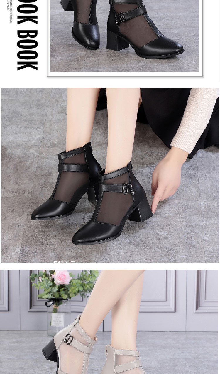 Boot lưới nữ cổ thấp gót vuông da thật hở mũi — màu đen chi tiết 9