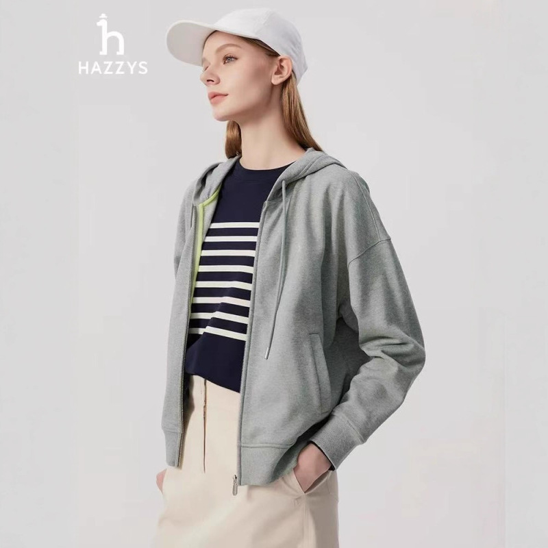 跨境 Hazzys哈吉斯连帽拉链开襟休闲卫衣外套女士运动上衣|undefined