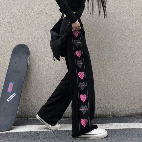 Spring Autumn New Love Leisure Sports Pants for Women Plus Size Large Women Harajuku Style Street High Straight Leg Pants