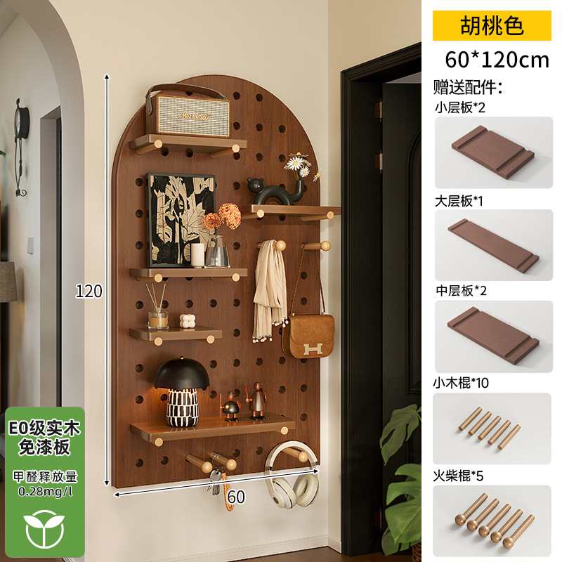 Hoyo de madera de color nuez hoyo tablero estante de madera sólida pared de modelado puerta de entrada de la casa pared detrás de la decoración estante de exhibición