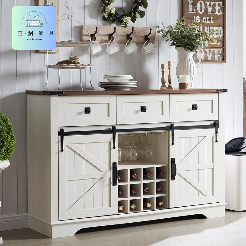Farmhouse Barn Door Three-Drawer Wine Cabinet Sideboard High Cabinet Integrated Multi-Functional Entrance Cabinet Living Room Tea Cabinet Storage Rack