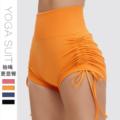 Cross-border Drawstring Yoga Shorts for Women: High-Waisted Peach-Highlifting Sports Cropped Pants, Slimming & Tummy-Control Running/Fitness Shorties