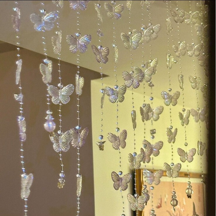 Girly Style Bow Door Curtain Bedroom Living Room Partition Curtain Window Party Decoration Butterfly Beaded Flower Curtain Cross-Border