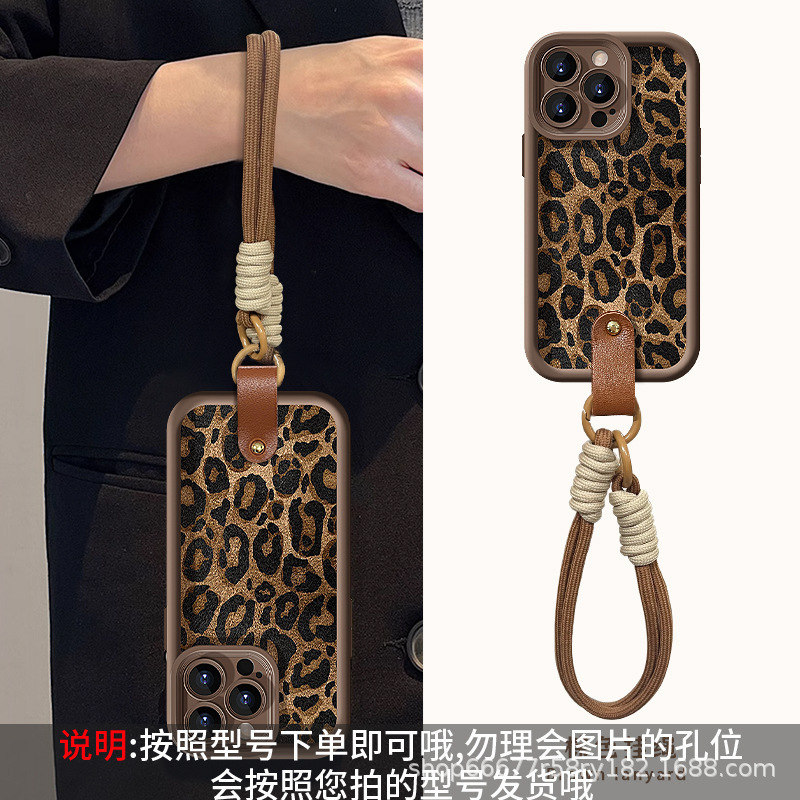 Leopard Print Lanyard Suitable for Samsung S25/S24Fe Mobile Phone Case Lambskin S23 All-Inclusive S22 Anti-Fall Cover S21/S10