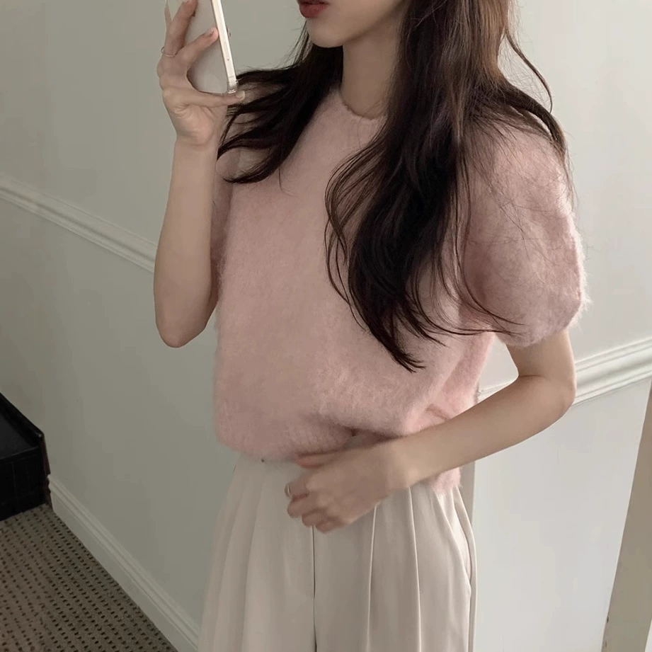 Корейский шикарный весенне-осенний милый, нежный и мягкий шерстяной трикотаж с короткими рукавами и круглым вырезом для женщин, универсальный трикотажный топ