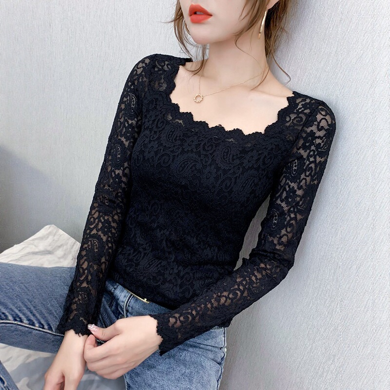 Ningxin Yi Lace Shirt with Square Collar and Long Sleeves, Slim Fit Top for Women, New Stylish and Fashionable Base Layer Shirt Ningxin Yi Lace Shirt with Square Collar and Long Sleeves, Slim Fit Top for Women, New Stylish and Fashionable Base Layer Shirt