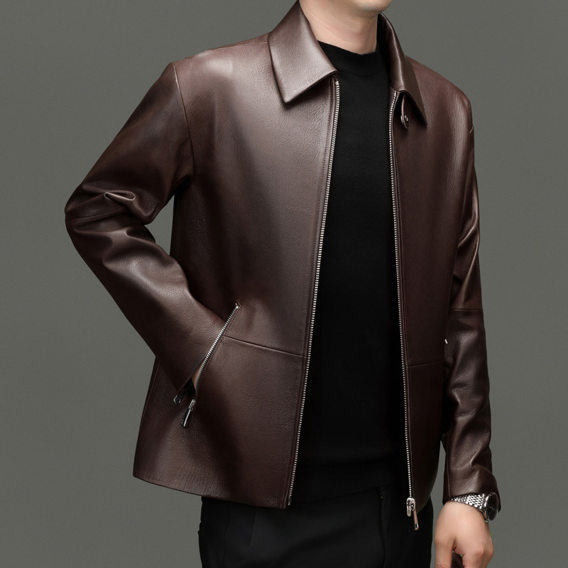 Leather Jacket Men's Spring & Fall Goatskin Genuine Leather Jacket Retro Trendyy Genuine Leather Motorcycle Jacket Brown Pilot Leather Jacket