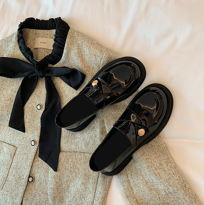 Soft Version~Women's Slip-on Loafers With Small Gold Coins, High-heeled British Style Leather Shoes, Chunky Heel, Soft_vogvips.com