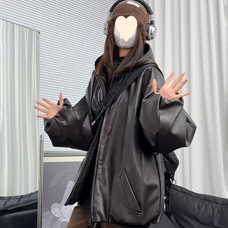 美式PU黑色连帽皮衣秋冬男女中性机车防风复古外套夹克短款