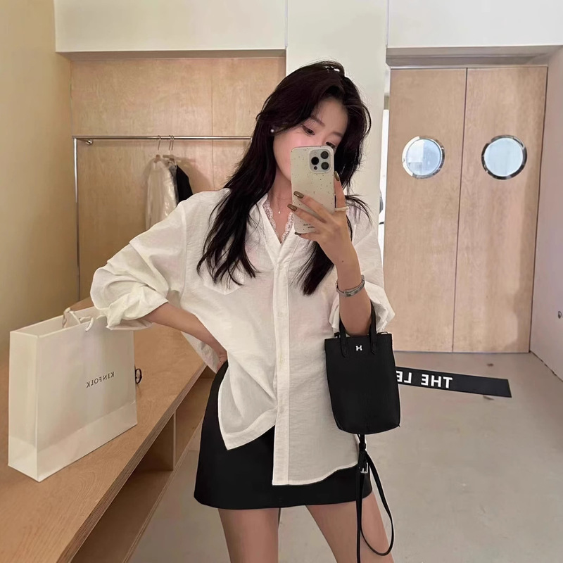 [Original Fabric 40 Cotton 60 Viscose] Designed Lace V-Neck Long-Sleeved Cardigan Shirt with Loose and Lazy Style