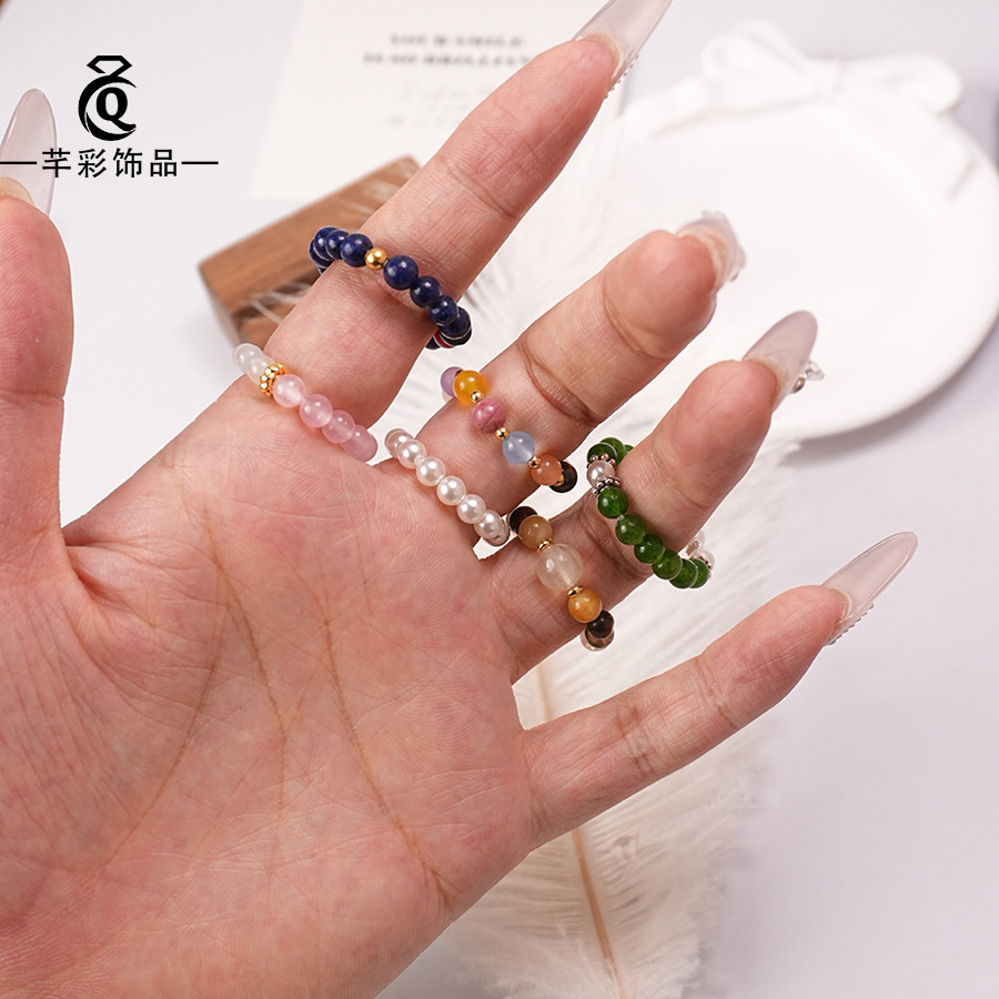 天然石水晶戒指多宝彩色弹力绳串珠戒圈小圆珠时尚百搭指戒手饰
