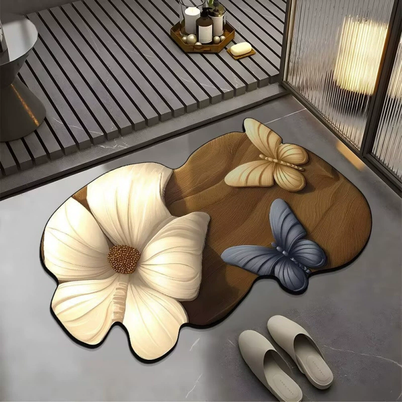 3D визуальный коврик с бабочкой и цветком из диатомовой грязи, бытовой впитывающий коврик для ванной комнаты, коврик для ног специальной формы, коврик для входной двери, оптовая продажа