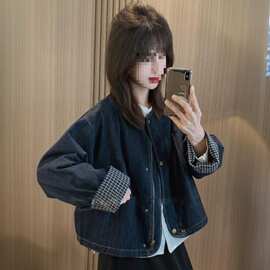 宽松休闲圆领复古牛仔外套女春季新款格子袖口百搭上衣有吊牌百搭