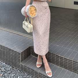 小香风粗花呢短袖上衣半身长裙圆领连衣裙三件套装 这里是半身裙