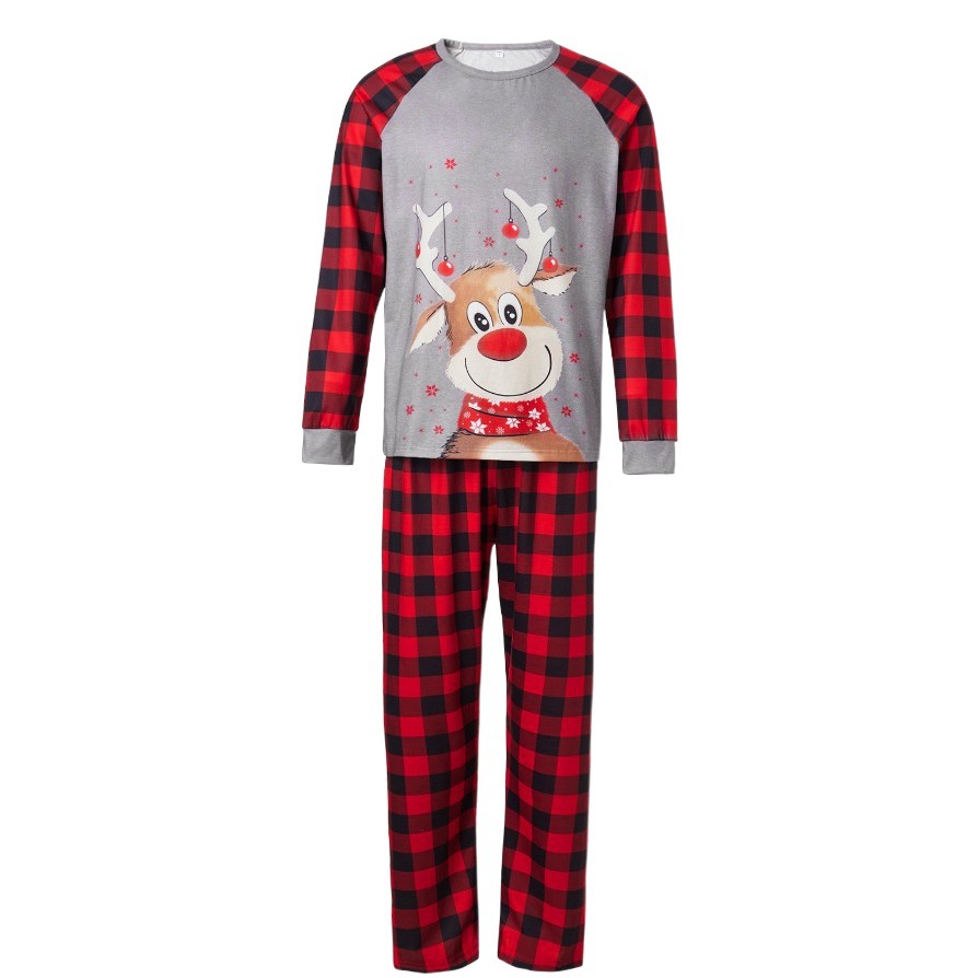 2025 Otoño Europeo y Americano Pijamas de Navidad con Estampado de Ciervos Cuello Redondo a Cuadros Ropa para el Hogar Padres e Hijos para la Familia Completa.