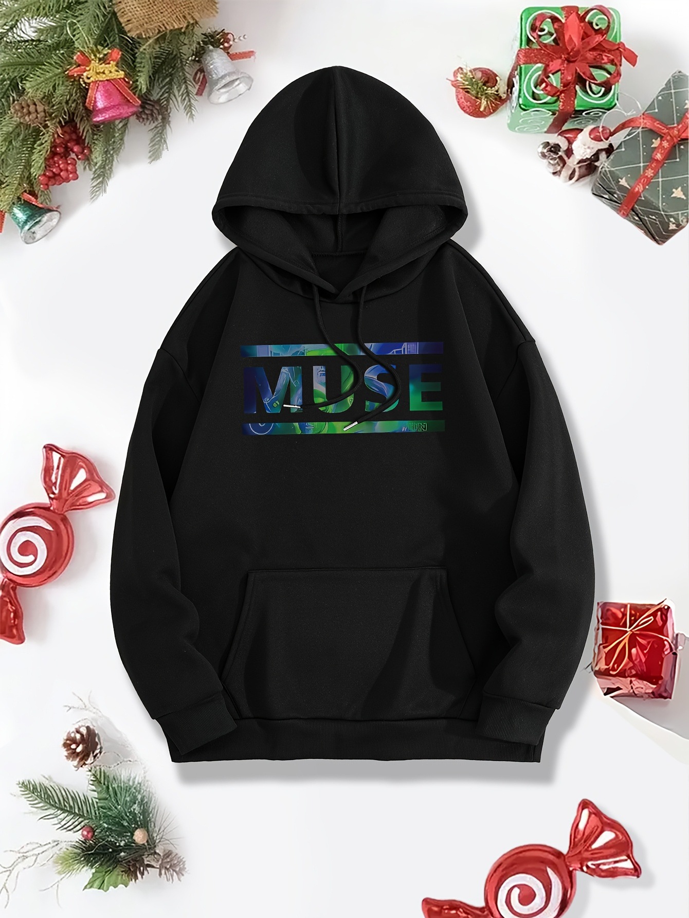 Moletom feminino folgado com capuz MUSE, estampa de letras em degradê de cores - Blusa casual artística com abertura frontal._voghion.com