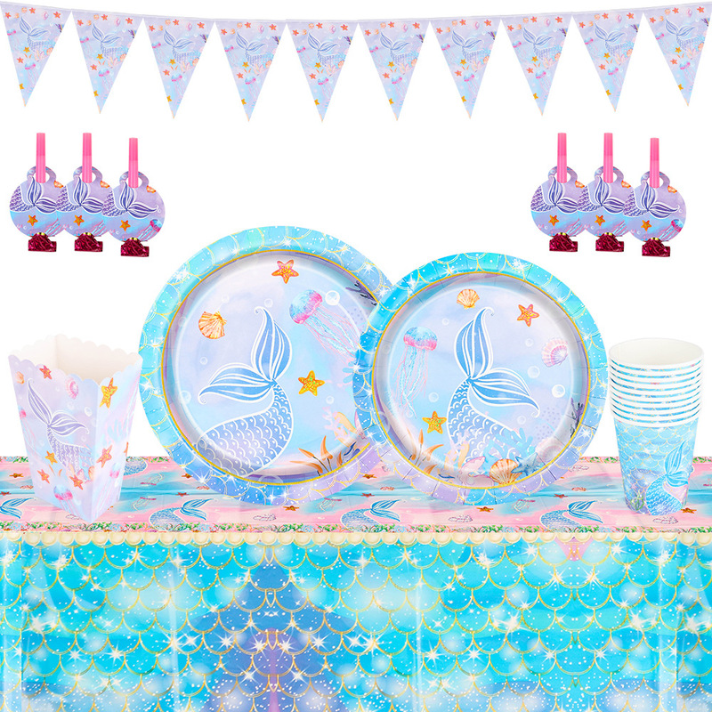 New Summer Ocean Mermaid Theme Party Tableware Set Disposable Paper Plate Knife Fork Spoon Party Decorations