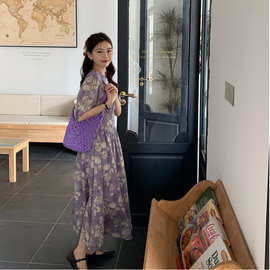 欧美跨境亚马逊法式复古碎花连衣裙女收腰显瘦短袖韩版紫色长裙子
