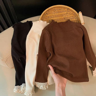 Spring and Autumn Women's Children's Wear Base Shirt Baby Stylish Children's Distinctive Trendy Brand Korean Lace Fungus Lace T-Shirt Top