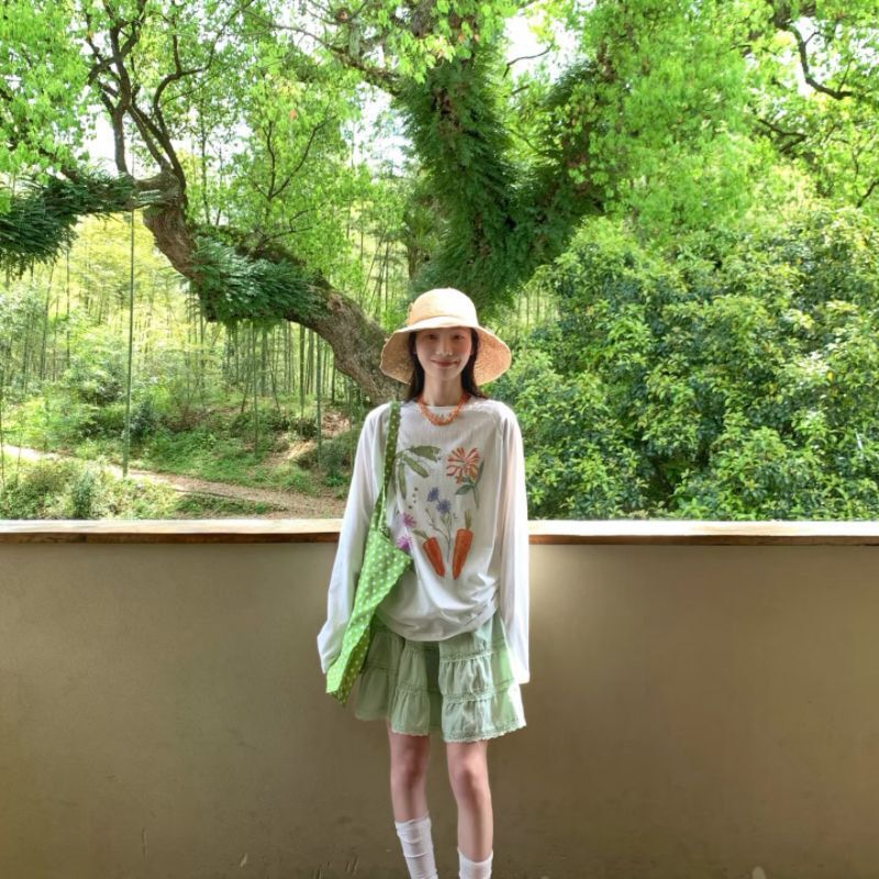 Girls' Summer Style Youthful Fresh Floral Print Sun-Protective Long-Sleeve T-Shirt, Slimming and Versatile
