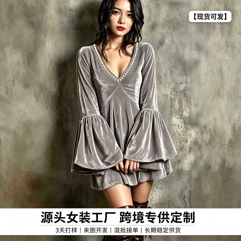 2026 In-Stock European and American Bohemian Style Bell Sleeve Wine Red Velvet Pearl Mini Dress
