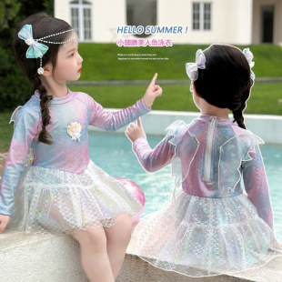 Mermaid Kidsren's Swimsuit Girl Fashionable Winged Princess One-Piece Swimsuit Long-Sleeved Sun Protection Swimsuit Summer