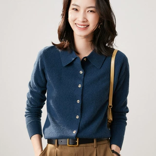 polo领修身通勤羊绒开衫女纯色气质衬衫软糯亲肤羊毛针织衫外套女